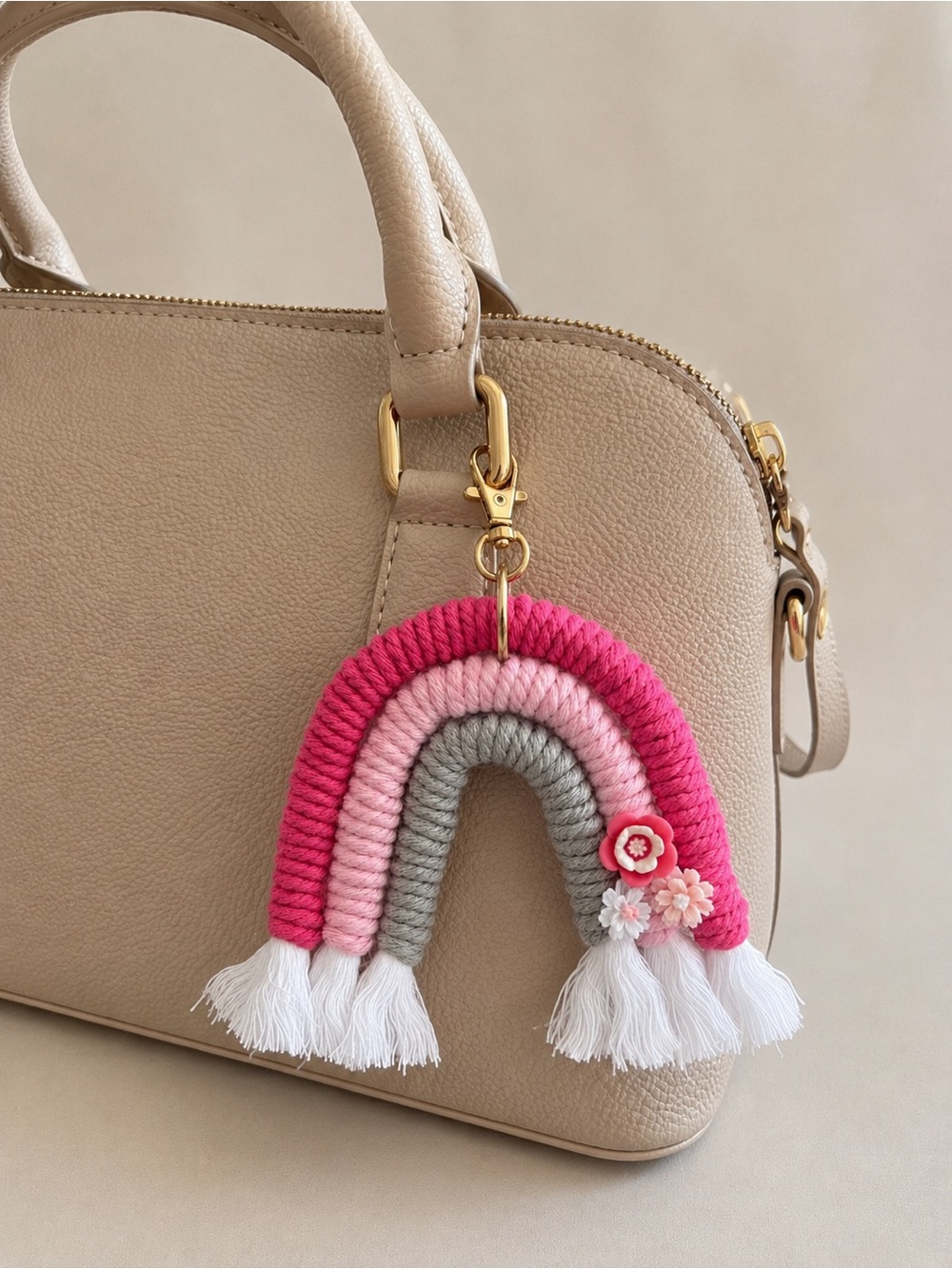 Handmade Rainbow Macrame Keychain - Purse Charm - Pink Colors